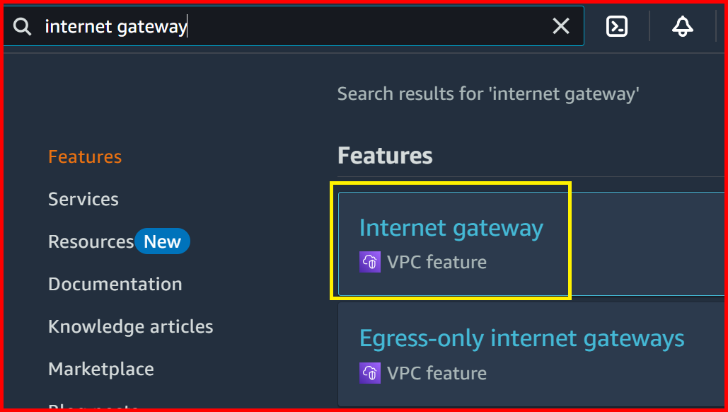 Picture showing the internet gateway option in the search result